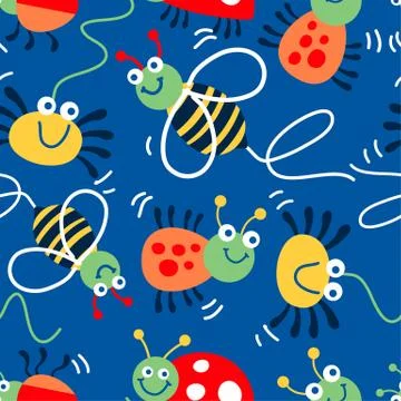 Bugs, bees and spiders seamless pattern Stock Illustration