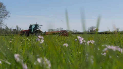 Bug's eye View of a Tractor Mowing a Field - Flowers in Foreground 库存影片 119697496