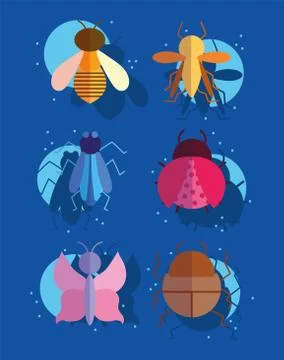 Bugs small animals in cartoon style on blue background Stock Illustration
