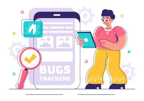 Bugs Tracking Tool Vector Illustration Featuring Mobile Phone Protection fr.. 库存插图