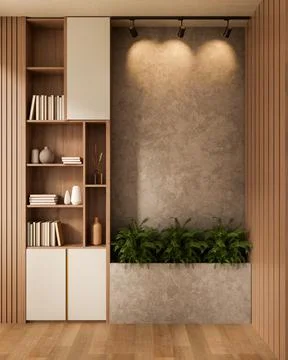 Build in bookshelf aside loft cement wall with plants and spotlight over wo.. Ilustración de archivo