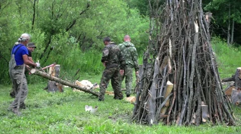 Build a campfire Stock Footage 64840190