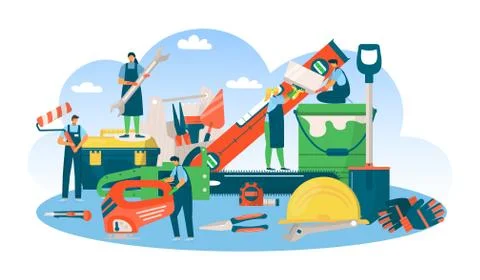 Build flat professional tool concept, man woman people at repair work vector Stock Illustration
