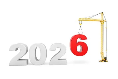 Build the Future Concept. Tower Crane with 2026 Year Sign. 3d Rendering Stock Illustration