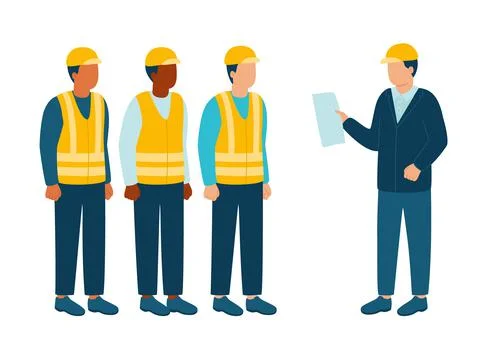 Build industry architect, engineer communicate with workers contractor, builder Stock Illustration