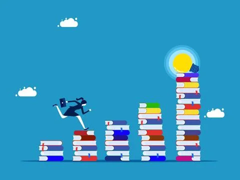 Build knowledge and work experience. Businessman running on stack of books on Stock Illustration