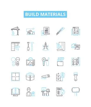 Build materials vector line icons set. Bricks, Cement, Sand, Gravel, Wood, Steel Ilustração Stock