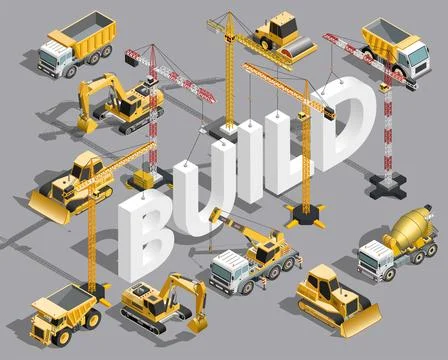 Build text concept isometric construction machinery composition. Building e.. Stock Illustration