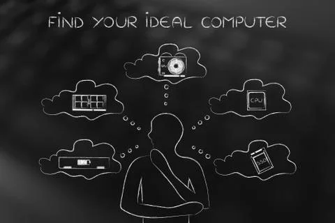 Build your ideal computer, man thinking about laptop specs Stock Illustration