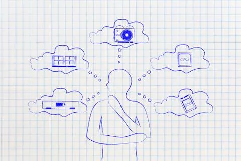 Build your ideal computer, man thinking about laptop specs 库存插图