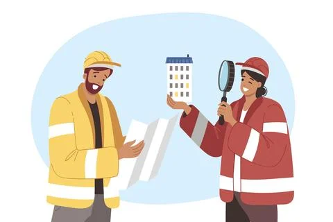 Builder and architect or engineer demonstrate teamwork by holding construction Illustrazione stock