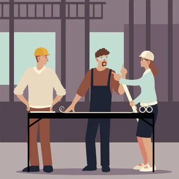 Builder and architects with blueprint on table in construction project place Stock Illustration