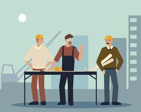 Builder and architects male in the construction place with blueprints Stock Illustration