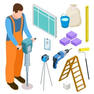 Builder and construction tools isometric vector icons Stock Illustration