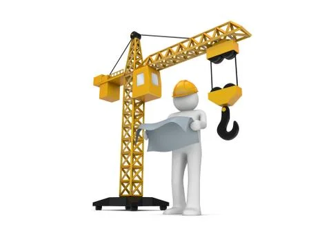 Builder and crane (3d isolated on white background characters series) Stock Illustration