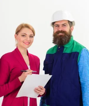 Builder and engineer work together. Man in hard hat Foto stock