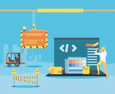 Builder and laptop with webpage under cosntruction Stock-Illustration