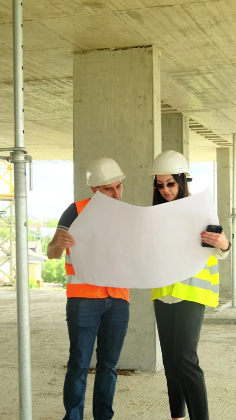Builder and manager review floor plan at construction site Stock Footage 317626019