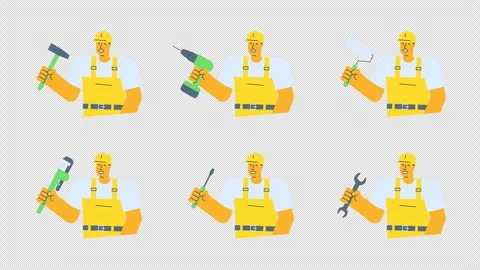 Builder Animated Character Set three. Transparent Background Stock Footage 308932280