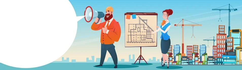 Builder Architect Workers Boss Hold Megaphone Present Architecture Drafting City Stock Illustration