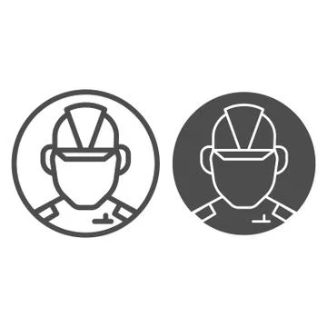 Builder avatar line and solid icon. Industrial worker face, man in uniform Stock Illustration