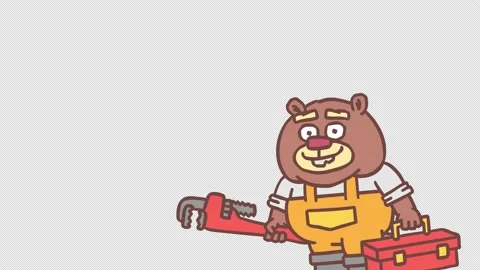 Builder beaver appears on screen holding pipe wrench holding tool case and sm Stock Footage 166446648