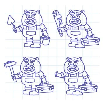 Builder beaver character doodle set part two. Hand drawn character Stock Illustration