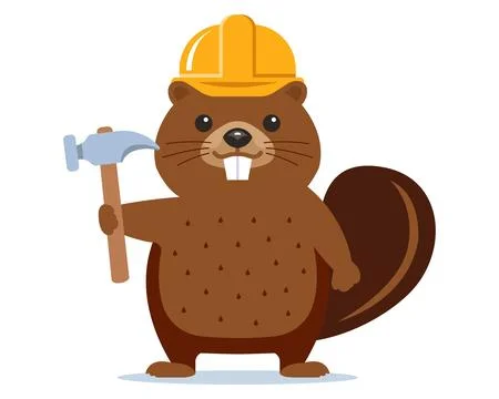 Builder beaver in a hard hat and with a hammer builds a dam. Stock Illustration