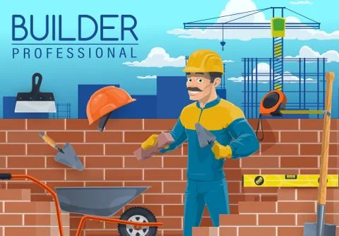 Builder with bricklayer tools, construction worker Stock Illustration