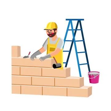 Builder Building House Wall With Bricks Vector Stock Illustration