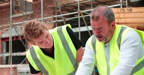Builder On Building Site Discussing Work With Apprentice Vídeos de archivo 56221237