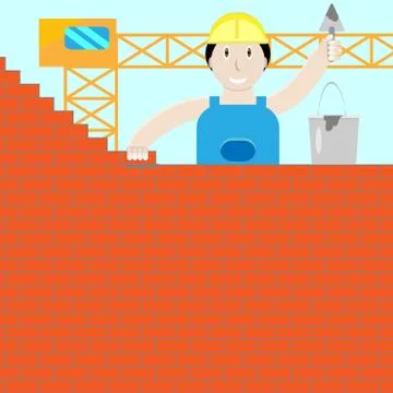 Builder builds a brick wall Stock Illustration