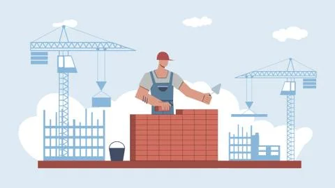 Builder builds brick wall. Worker in uniform and helmet work with trowel, male Stock Illustration