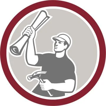Builder carpenter hammer building plan retro Stock Illustration