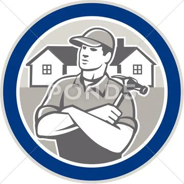 Builder carpenter hammer houses circle retro Stock Illustration