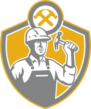 Builder carpenter hammer shield retro Stock Illustration