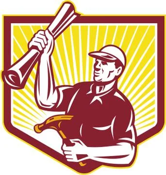 Builder carpenter hold hammer building plan retro Ilustración de archivo