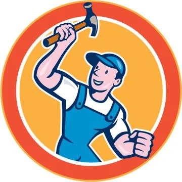 Builder carpenter holding hammer circle cartoon Stock Illustration