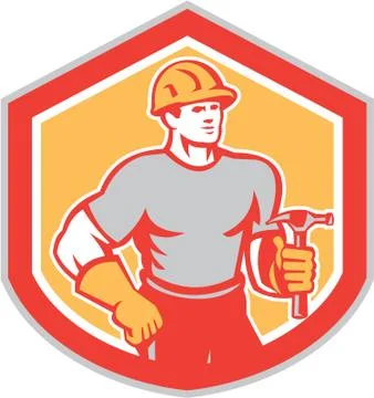Builder carpenter holding hammer shield retro Stock Illustration