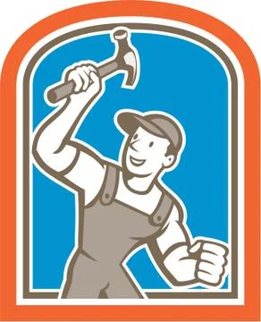 Builder carpenter holding hammer shield cartoon Stock Illustration