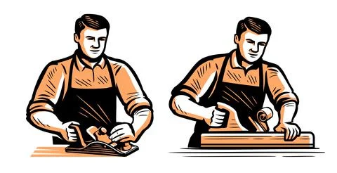 Builder carpenter with jointer working on wood. Carpentry, woodwork, joinery Stock Illustration