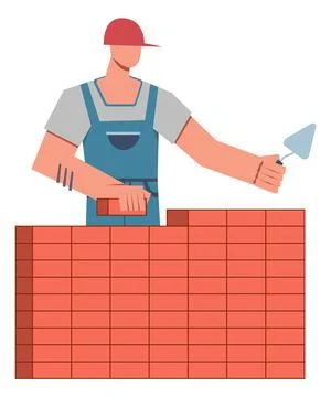 Builder cartoon flat illustration. Professional construction worker builds brick Stock Illustration