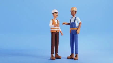 Builder character and construction site worker animation. high five, teamwork Stock Footage 297716009