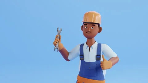 Builder character animation. Construction site worker, handyman Stockbeeldmateriaal 297276257