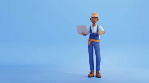 Builder character animation. Construction site worker, handyman or plumber Stockbeeldmateriaal 297277088