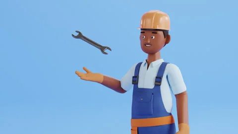 Builder character animation. Construction site worker, handyman or plumber Stockbeeldmateriaal 297583210
