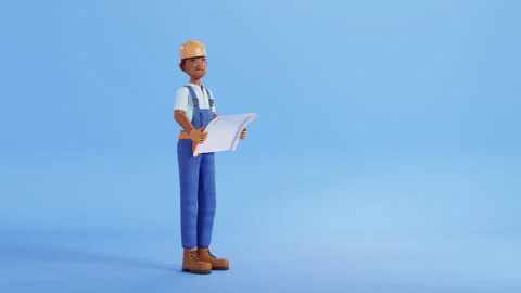 Builder character animation. Construction site worker, handyman or plumber Stockbeeldmateriaal 297583450