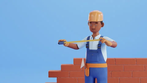 Builder character animation. Construction site worker, handyman Stockbeeldmateriaal 300433798