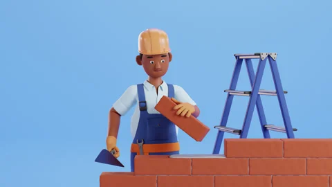 Builder character animation. Construction worker building a brick wall Vídeos de archivo 300096297