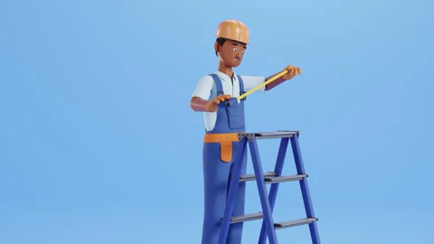 Builder character animation. Construction worker, handyman steps on a ladder Stock Footage 300128156